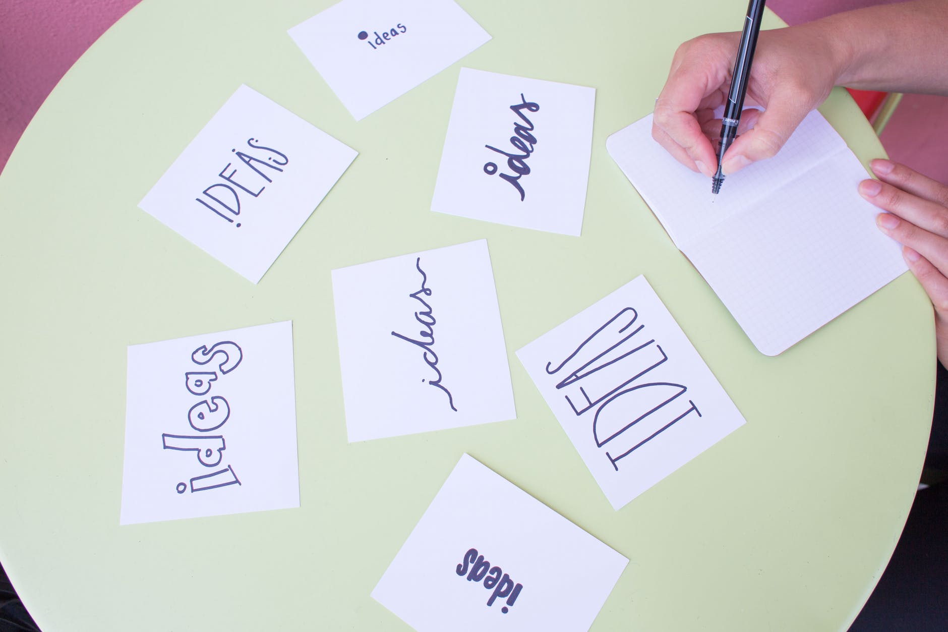 Ideas cards with 'ideas' on table