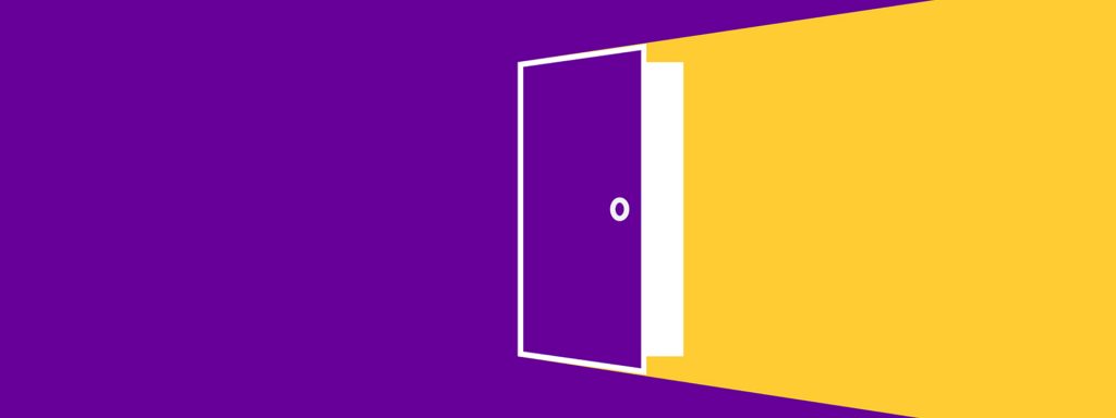 Microsoft Teams graphic. Purple door opening showing yellow light.